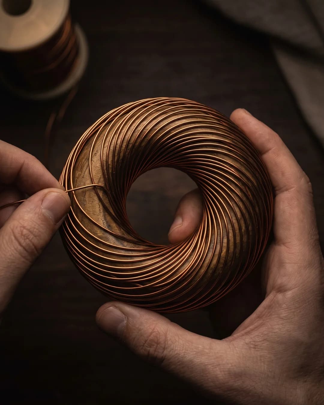 Artisan hand-winding a Rodin coil in the PlasmaThor workshop