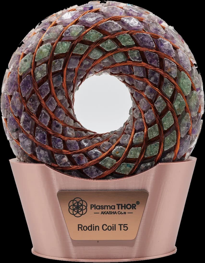 PlasmaThor Rodin Coil T5 — handcrafted toroidal coil on a copper base